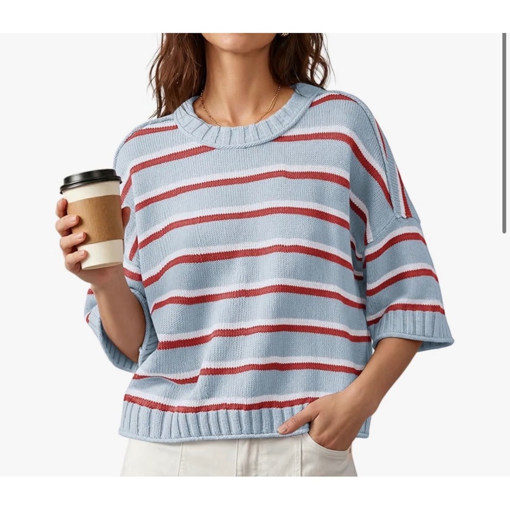 Nirovien Women's Light Blue & Red Striped Knit Sweater– Short Sleeve – XL – NWT